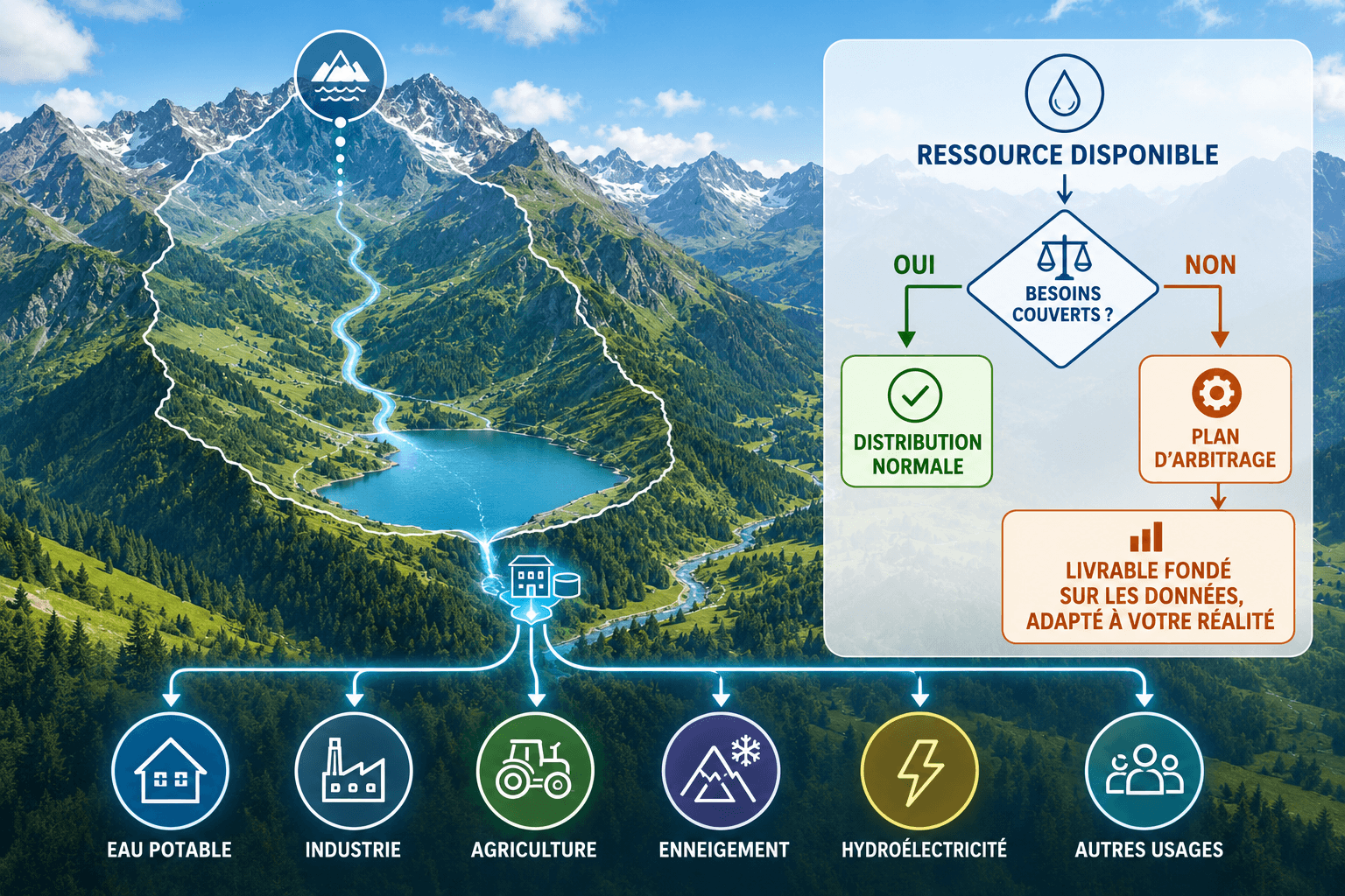Illustration du bassin versant de la prise d'eau d'Altis et des principaux usages qui en dépendent.